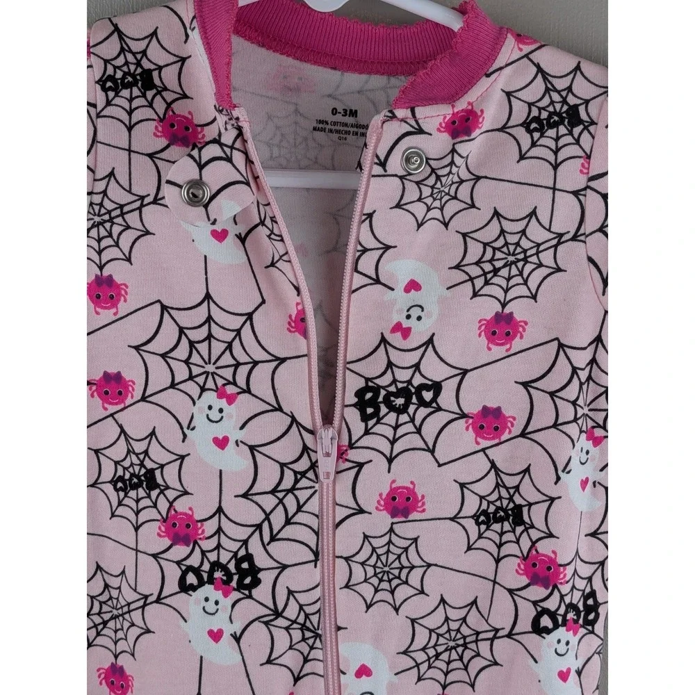 Celebration Halloween Pink Ghost Spiderweb Zip Up Footed Sleeper 0-3M NWT